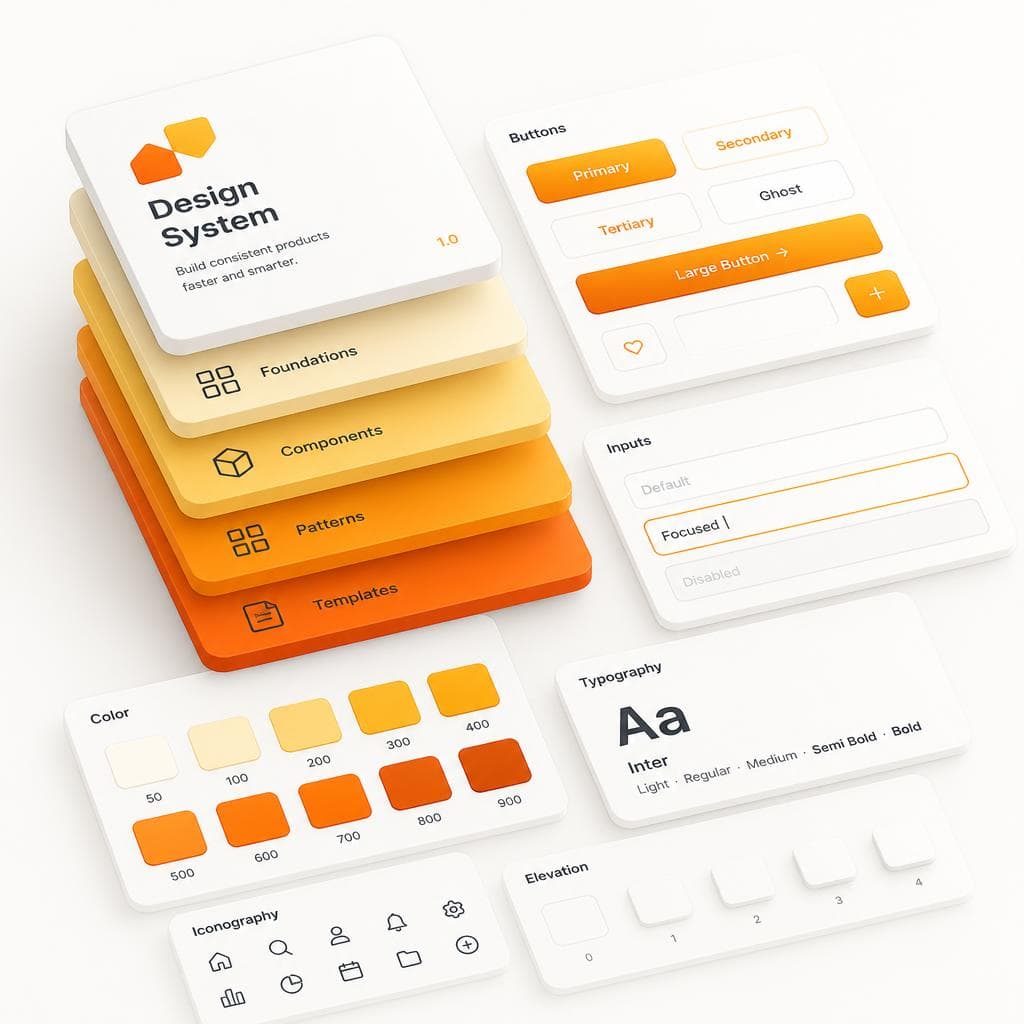 Design system layers with buttons, color tokens and typography