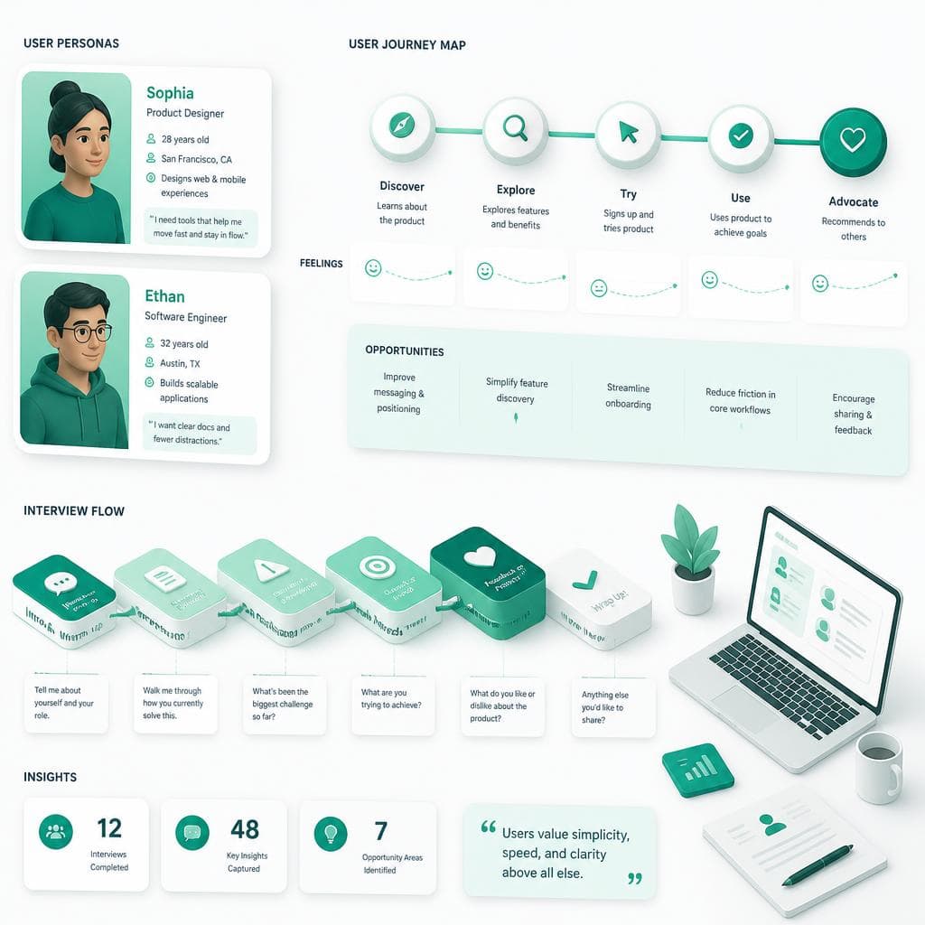 User personas, journey map and interview flow research board