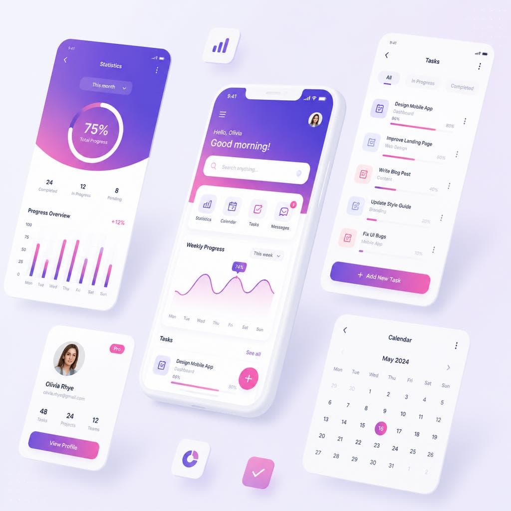 Mobile app screens showing tasks, stats and calendar UI