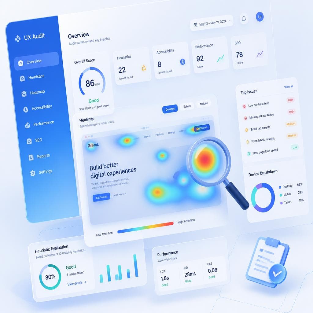 UI/UX audit dashboard with heatmap and usability scores