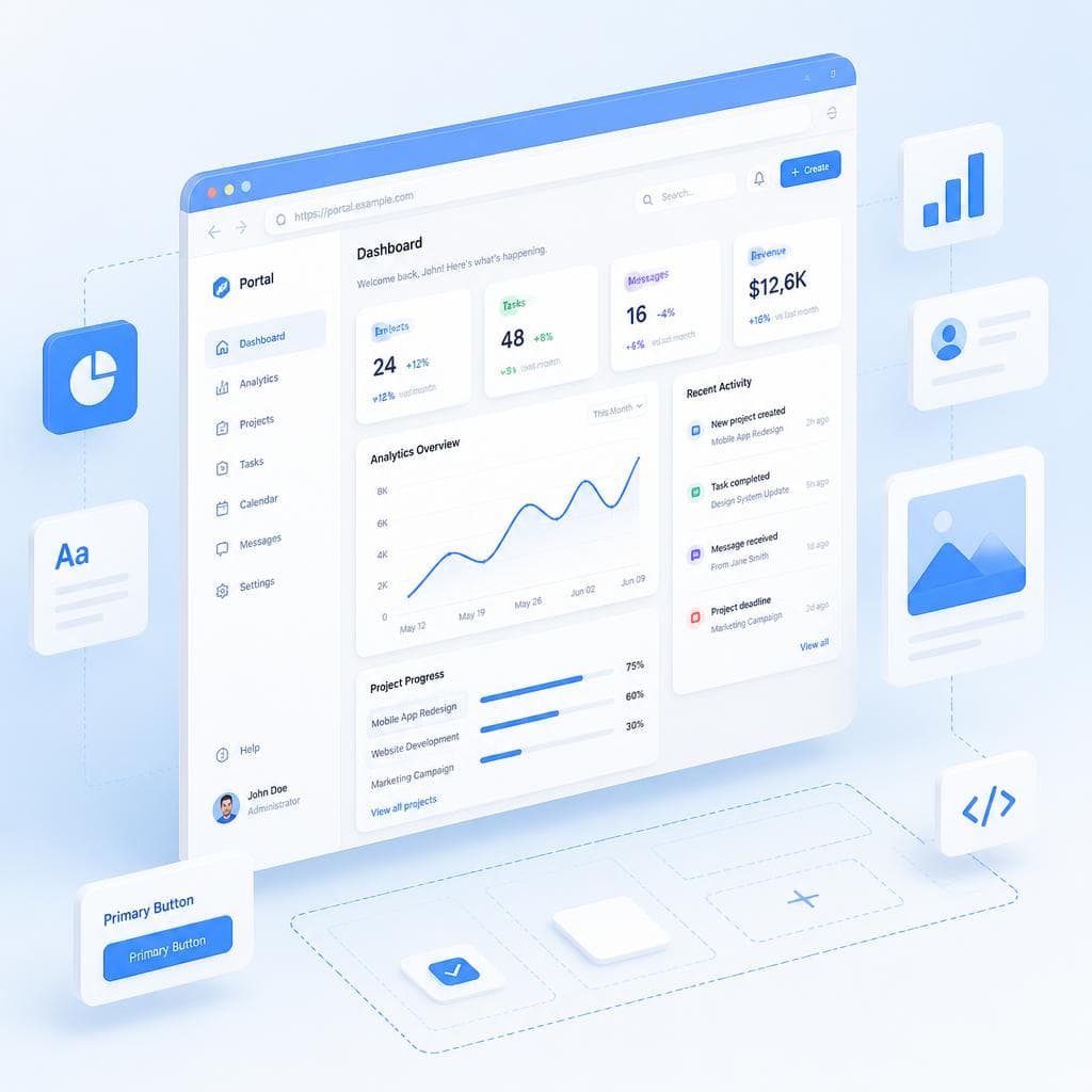Web portal dashboard layout with component blocks